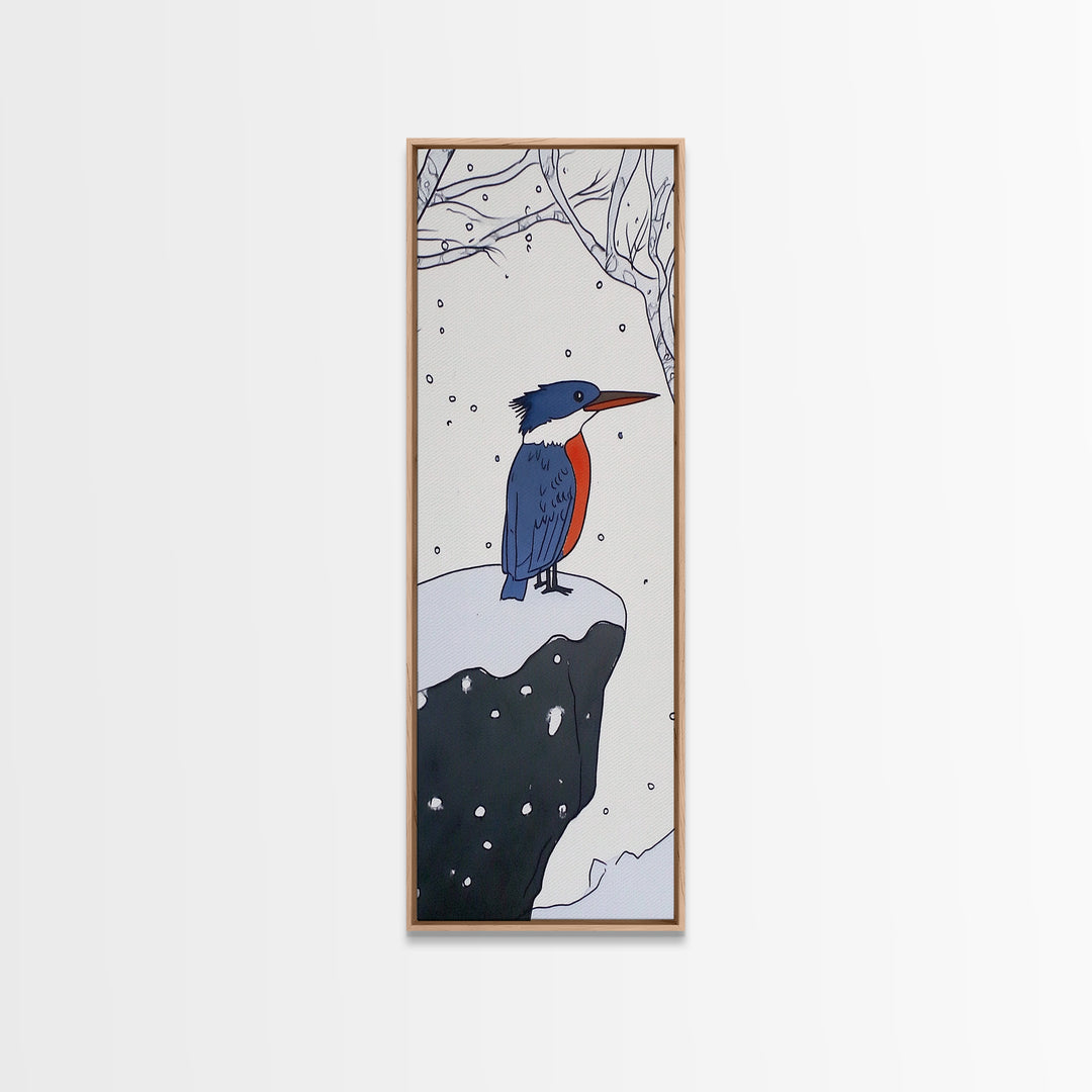 Snowy Kingfisher In Winter Forest Wall Art, Blue Orange Bird Print, Whimsical Woodland Decor, Nursery Room Gift, Kids Wall Art