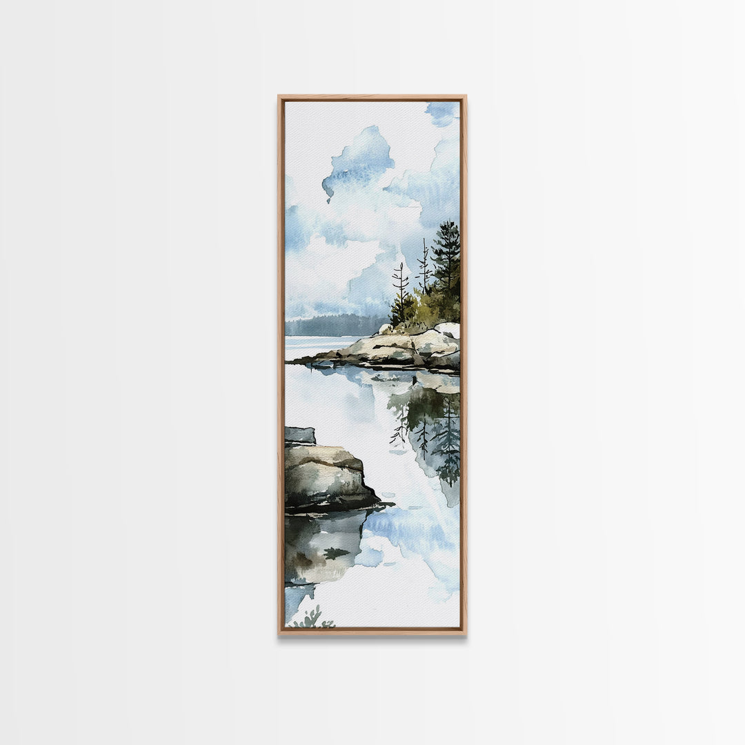 Quiet Rocky Lake And Pine Reflection Framed Canvas Print, Watercolor Landscape Wall Art, Nature Decor, Living Room Art Print