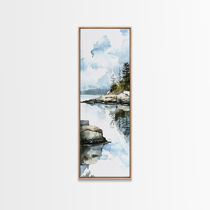Quiet Rocky Lake And Pine Reflection Framed Canvas Print, Watercolor Landscape Wall Art, Nature Decor, Living Room Art Print