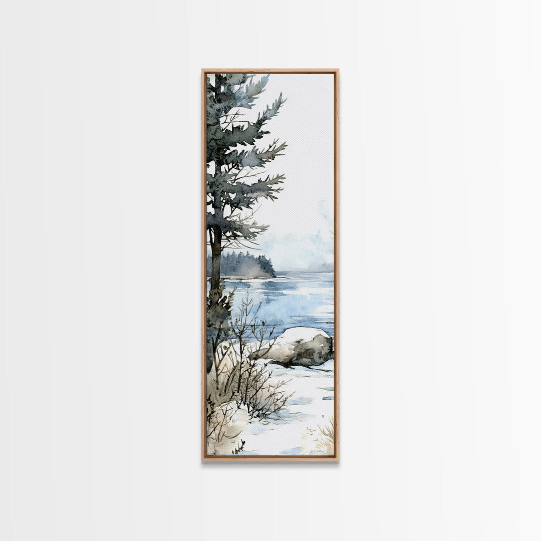 Pine Tree By Frozen Lake Framed Canvas Print, Winter Coastal Landscape Wall Art, Cabin Decor, Scandinavian Wall Decor Gift