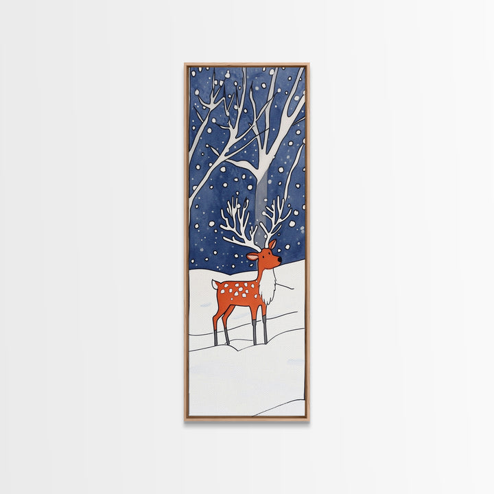 Red Reindeer In Snowy Forest Wall Art, Whimsical Winter Woodland Nursery Decor, Christmas Gift, Kids Room Wall Decor For Baby