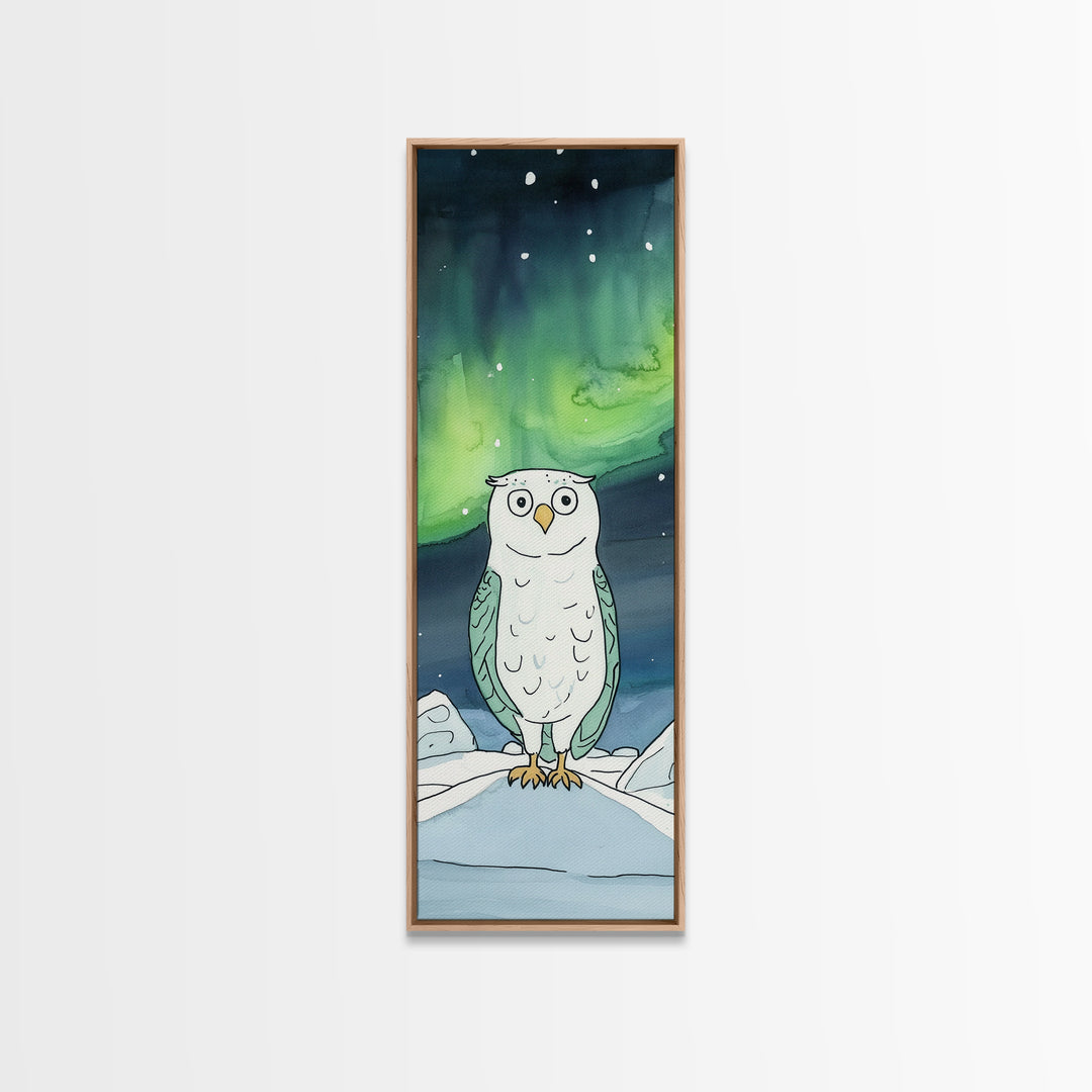 Wide Eyed Owl Beneath Northern Lights Wall Art, Whimsical Bird Print, Aurora Nursery Decor, Celestial Kids Room Art Gift