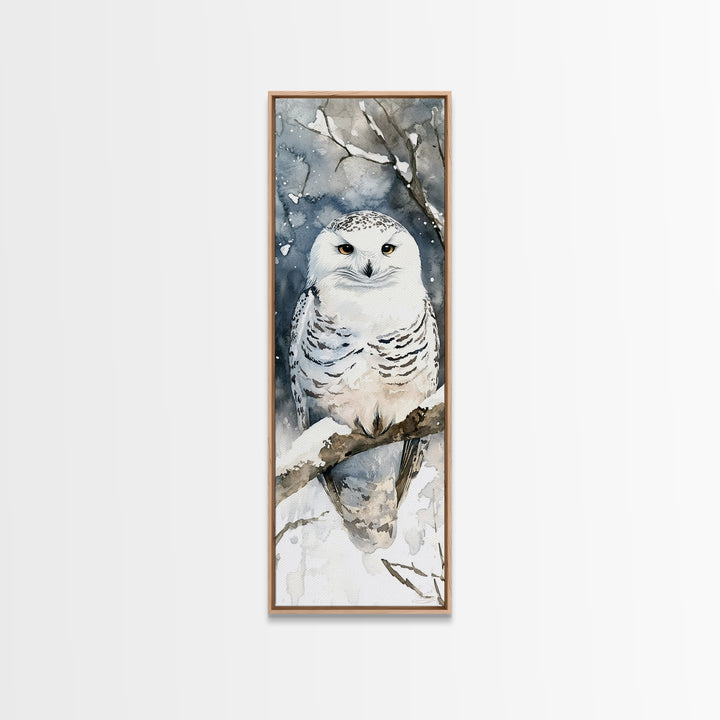Realistic Snowy Owl In Snowy Forest Framed Canvas Print, Winter Wildlife Art, Nature Wall Decor, Rustic Cabin Decor Gift