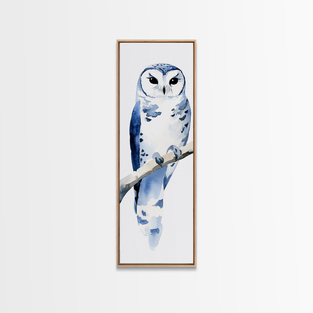 Blue And White Owl On Branch Canvas Print, Minimal Watercolor Bird Art, Nursery Wall Decor, Coastal Blue Bedroom Art Gift