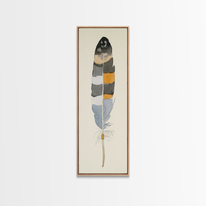 Bold Striped Feather Canvas Print, Watercolor Bird Art, Boho Wall Decor, Neutral Nature Print, Rustic Gallery Wall Gift Idea