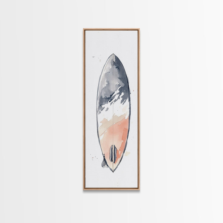 Minimalist Coral Gray Surfboard Canvas Print, Beach Wall Art, Coastal Bathroom Decor, Modern Nautical Home Decor, Surf Poster