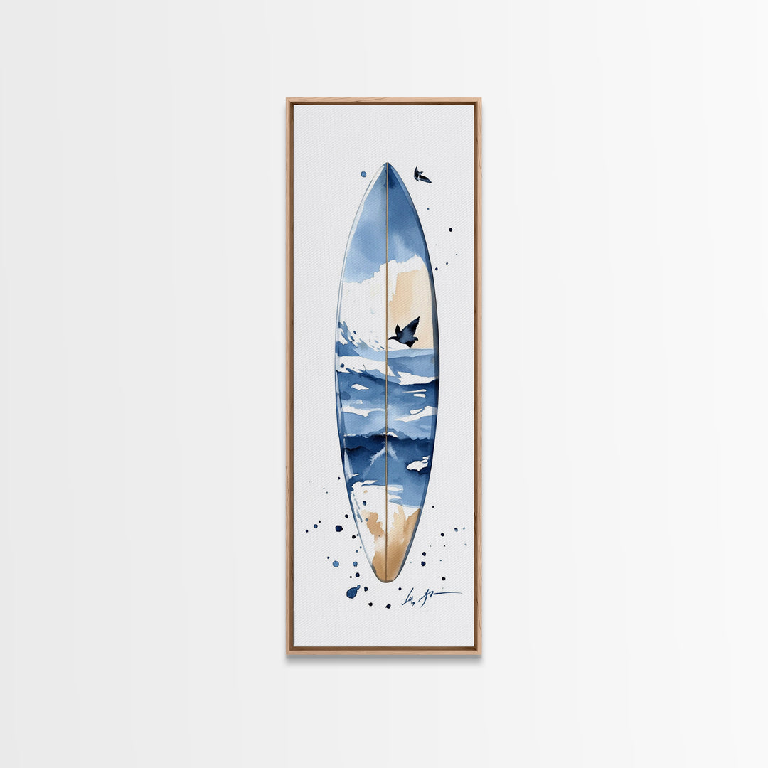 Blue Wave Surfboard With Birds Canvas Print, Coastal Wall Art, Ocean Decor, Beach House Surf Poster, Living Room Art, Modern Coastal Art
