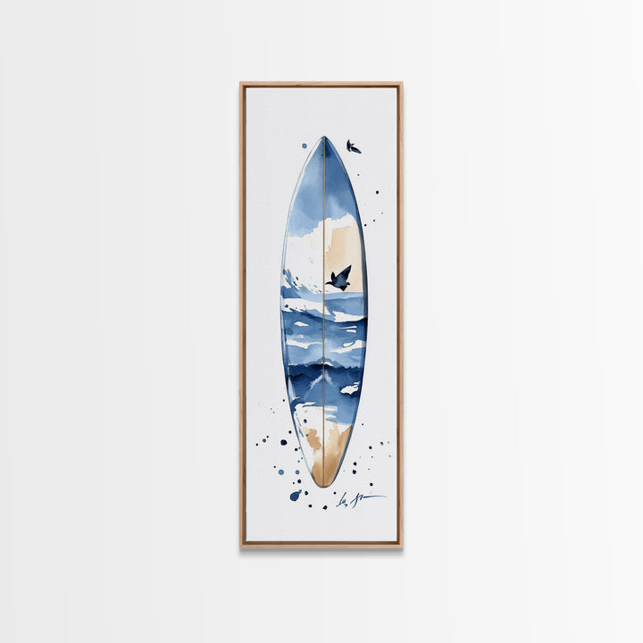 Blue Wave Surfboard With Birds Canvas Print, Coastal Wall Art, Ocean Decor, Beach House Surf Poster, Living Room Art, Modern Coastal Art