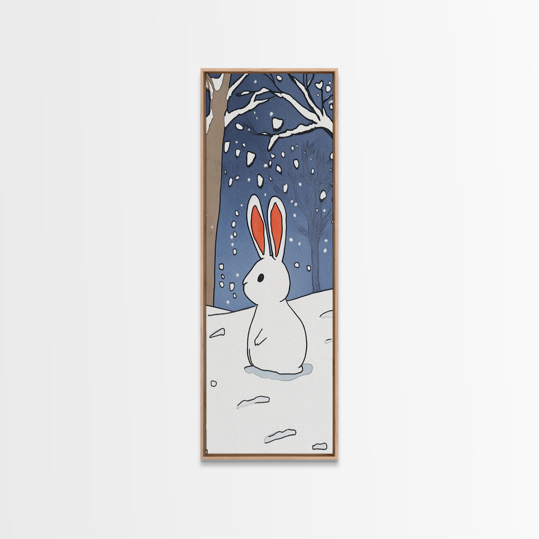 White Bunny In Snowy Forest Wall Art, Whimsical Rabbit Print, Woodland Nursery Decor, Winter Kids Room Wall Decor, Baby Shower Gift