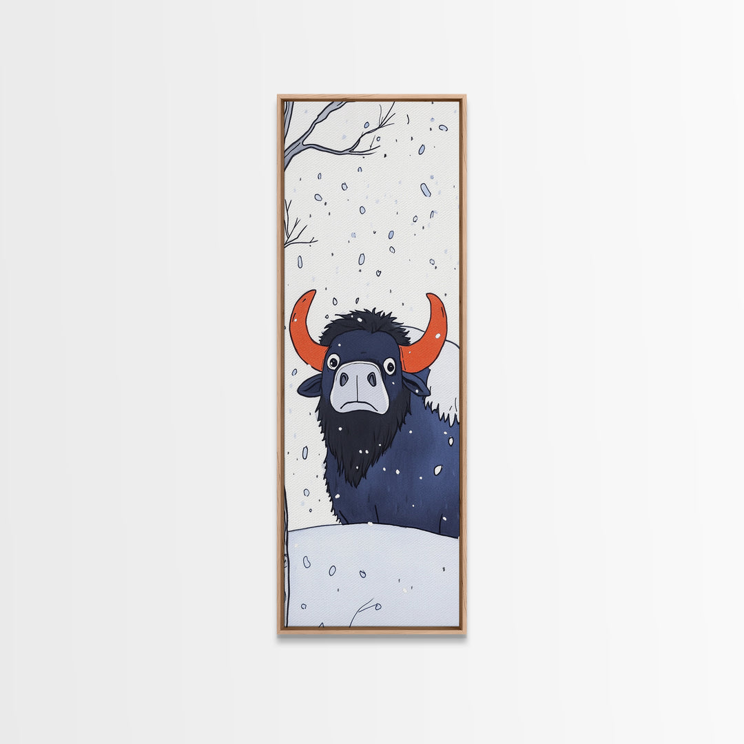 Musk Ox In Falling Snow Canvas Print, Whimsical Winter Animal Art, Nursery Wall Decor, Rustic Wildlife Gift For Kids Room