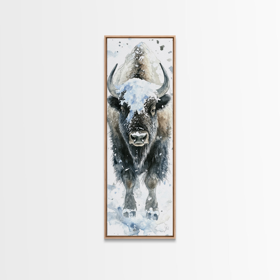 Snowy Bison Portrait Framed Canvas Print, Rustic Wildlife Wall Art, Western Animal Decor, Winter Lodge Housewarming Gift