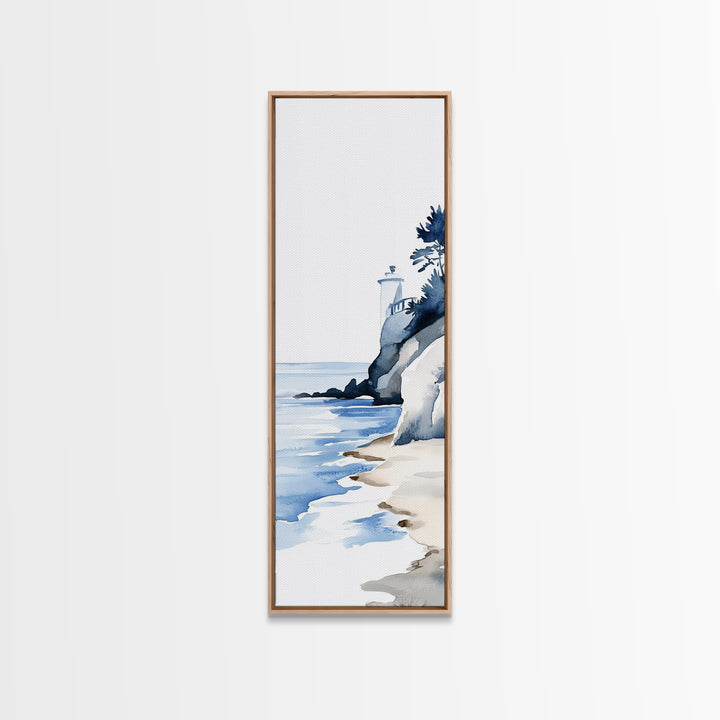 Blue Lighthouse On Cliff Canvas Print, Coastal Wall Art, Nautical Beach Decor, Ocean Landscape For Bathroom Or Living Room