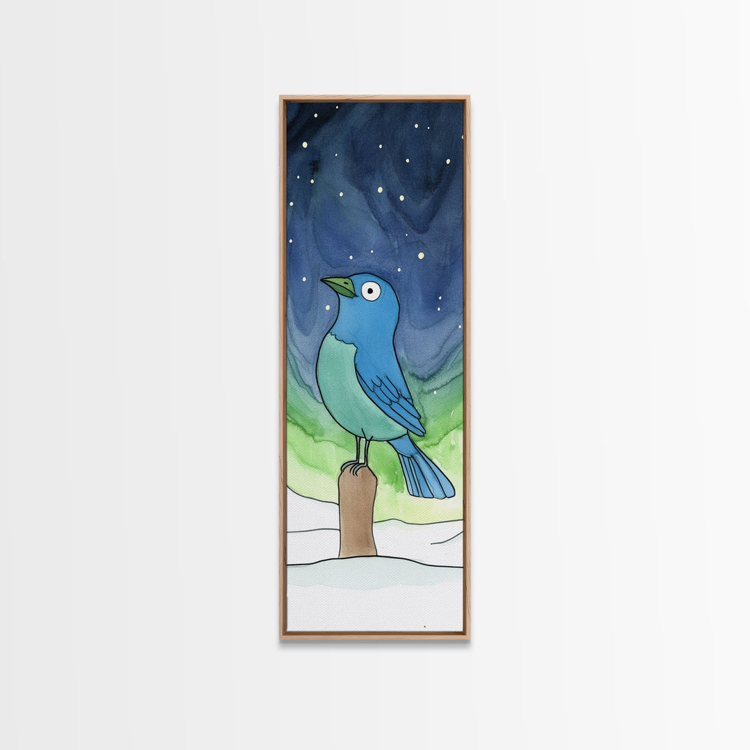 Whimsical Blue Bird In Starry Snow Canvas Print, Winter Nursery Wall Art, Kids Room Decor, Cute Animal Art, Bird Lover Gift