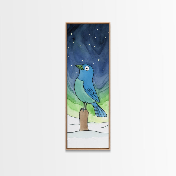 Whimsical Blue Bird In Starry Snow Canvas Print, Winter Nursery Wall Art, Kids Room Decor, Cute Animal Art, Bird Lover Gift