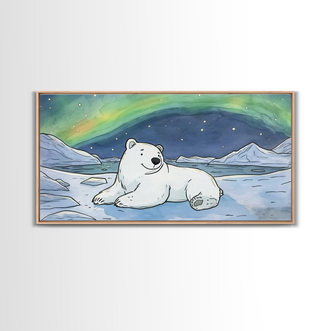 Polar Bear Under Northern Lights Wall Art, Arctic Animal Canvas Print, Nursery Decor, Wildlife Print, Winter Home Decor Gift