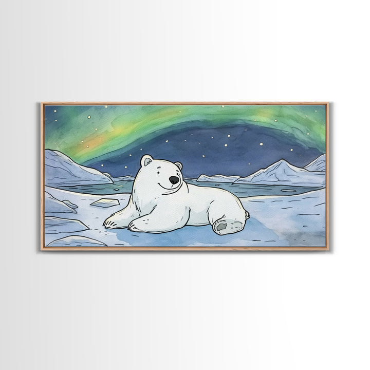 Polar Bear Under Northern Lights Wall Art, Arctic Animal Canvas Print, Nursery Decor, Wildlife Print, Winter Home Decor Gift
