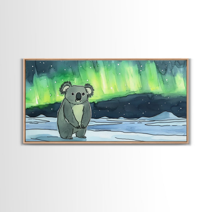 Koala Under Northern Lights Wall Art, Whimsical Animal Canvas Print, Aurora Nursery Decor, Kids Room Art, Unique Gift For Her