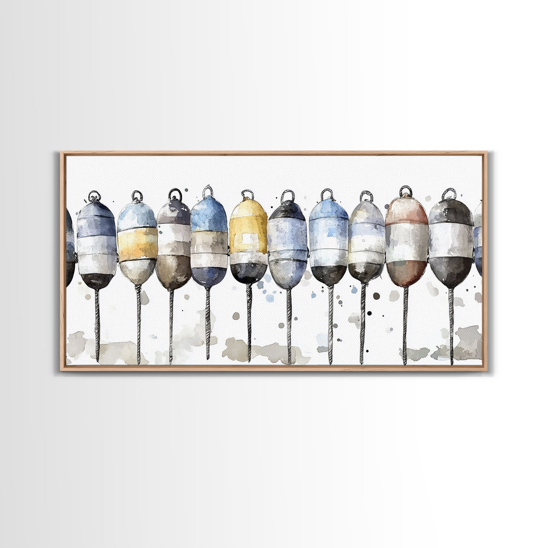 Striped Fishing Buoys Wall Art, Nautical Canvas Print, Coastal Bathroom Decor, Beach House Art, Ocean Wall Decor Gift Print