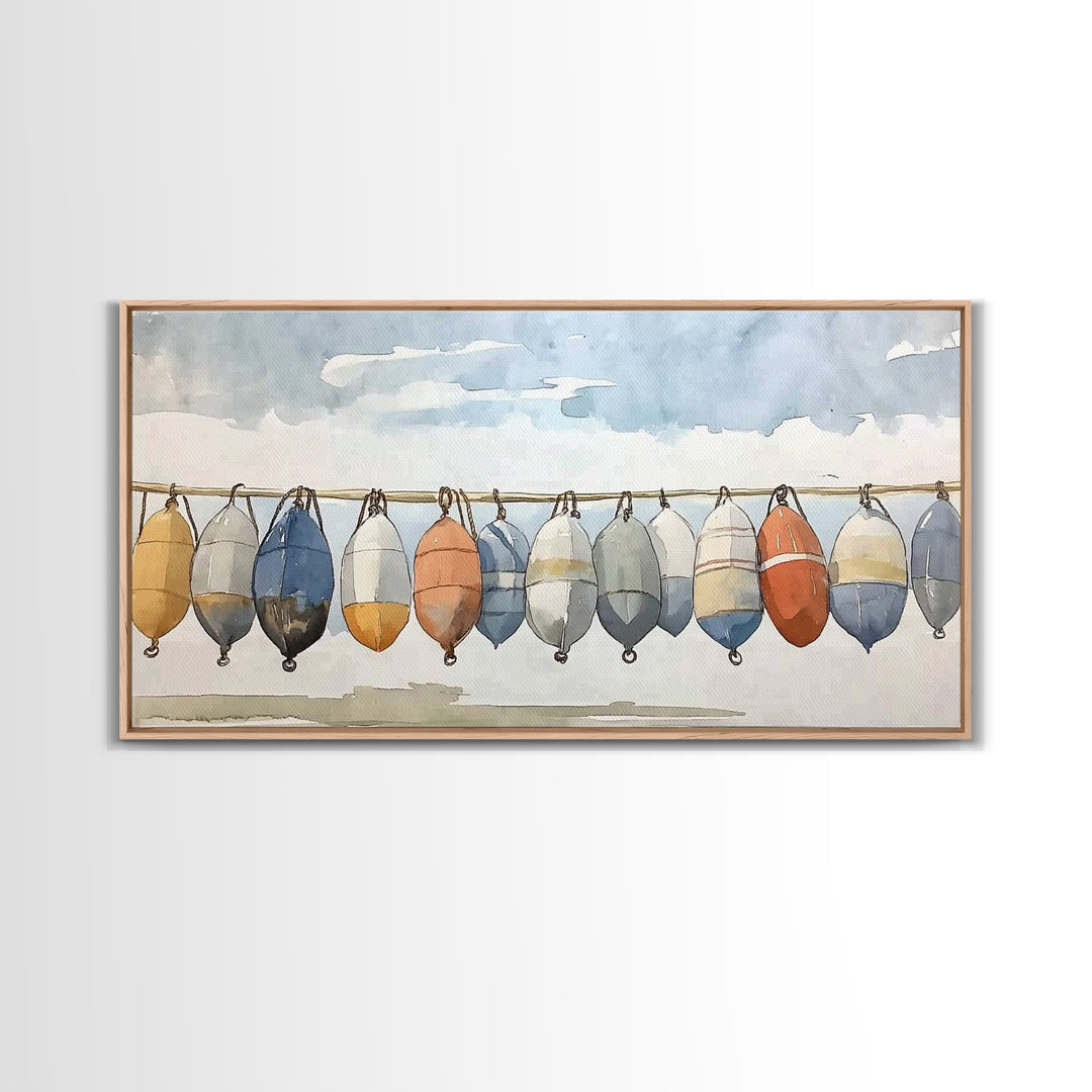 Hanging Coastal Buoys Canvas Print, Nautical Wall Art, Beach House Decor, Ocean Print, Bathroom Wall Decor, Gift For Her