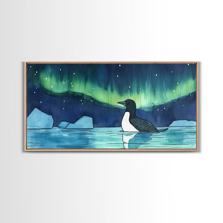 Loon Under Northern Lights Wall Art, Arctic Lake Canvas Print, Wildlife Bird Print, Coastal Nature Decor, Gift For Her, Home Decor