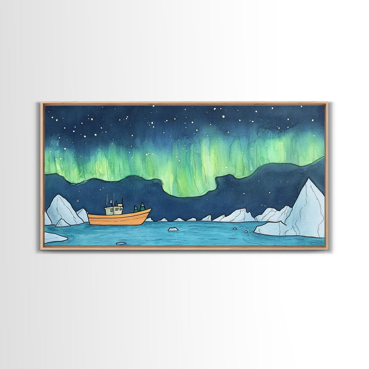 Northern Lights Boat And Iceberg Wall Art, Arctic Seascape Canvas Print, Aurora Borealis Travel Poster, Nautical Decor Gift