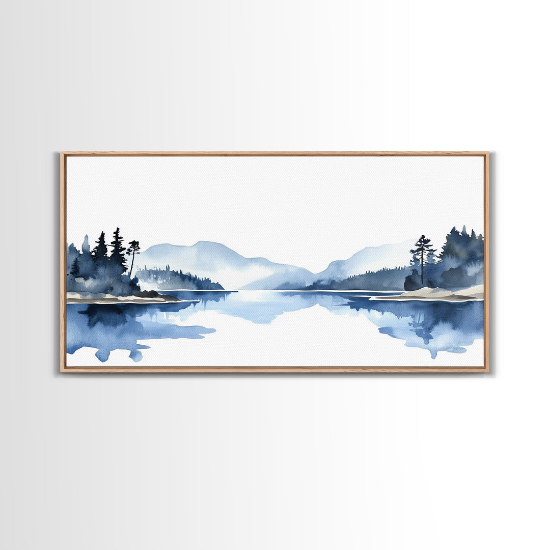 Minimal Blue Mountain Lake Wall Art, Watercolor Landscape Canvas Print, Scandinavian Nature Decor, Calm Living Room Wall Art