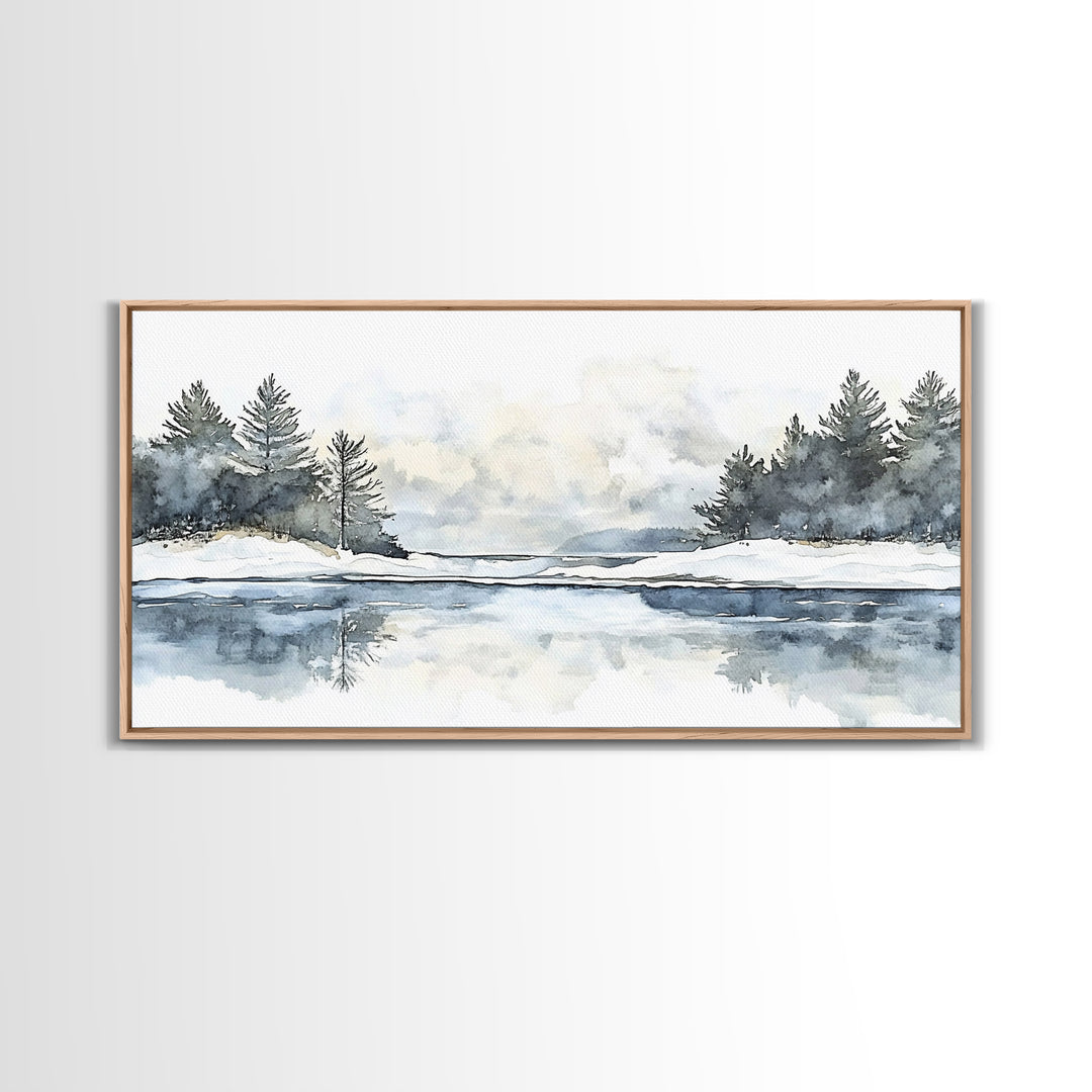 Winter Pine River Reflection Wall Art, Blue Watercolor Landscape Canvas Print, Serene Nature Living Room Decor, Lake House Gift