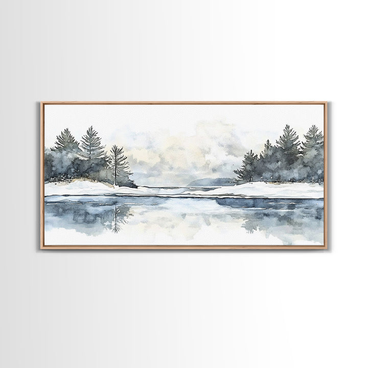 Winter Pine River Reflection Wall Art, Blue Watercolor Landscape Canvas Print, Serene Nature Living Room Decor, Lake House Gift