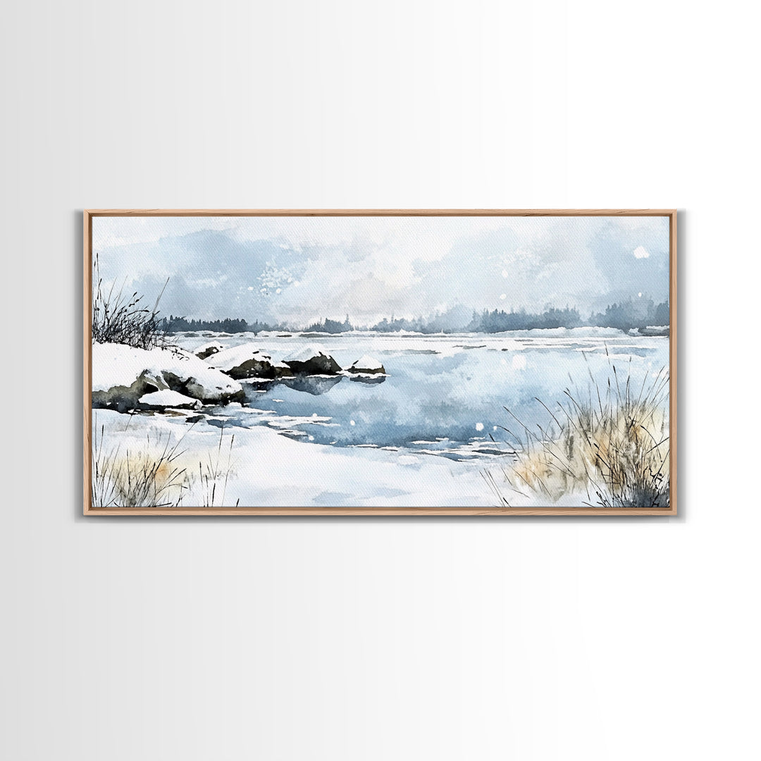 Snowy Marsh Lake With Rocks And Grass Wall Art, Winter Watercolor Landscape Canvas Print, Neutral Nature Decor, Cabin Gift