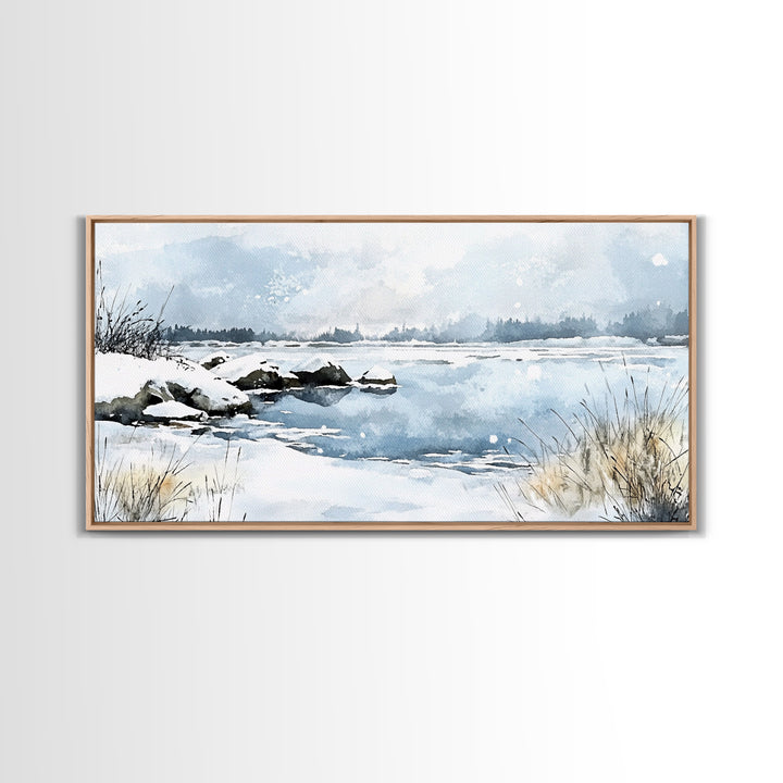 Snowy Marsh Lake With Rocks And Grass Wall Art, Winter Watercolor Landscape Canvas Print, Neutral Nature Decor, Cabin Gift