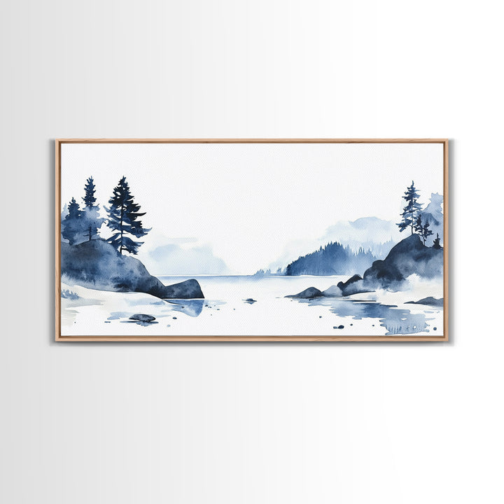 Blue Rocky Lake And Pine Island Canvas Print, Watercolor Coastal Landscape, Scandinavian Wall Decor, Calm Living Room Art