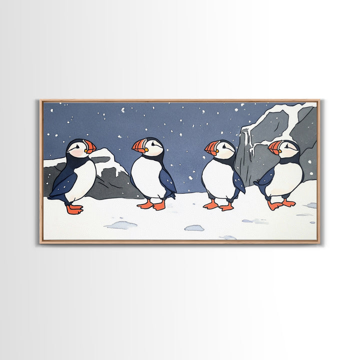 Four Puffins In Snowy Arctic Landscape Canvas Print, Whimsical Animal Wall Art For Kids Room, Nursery, Coastal Winter Decor