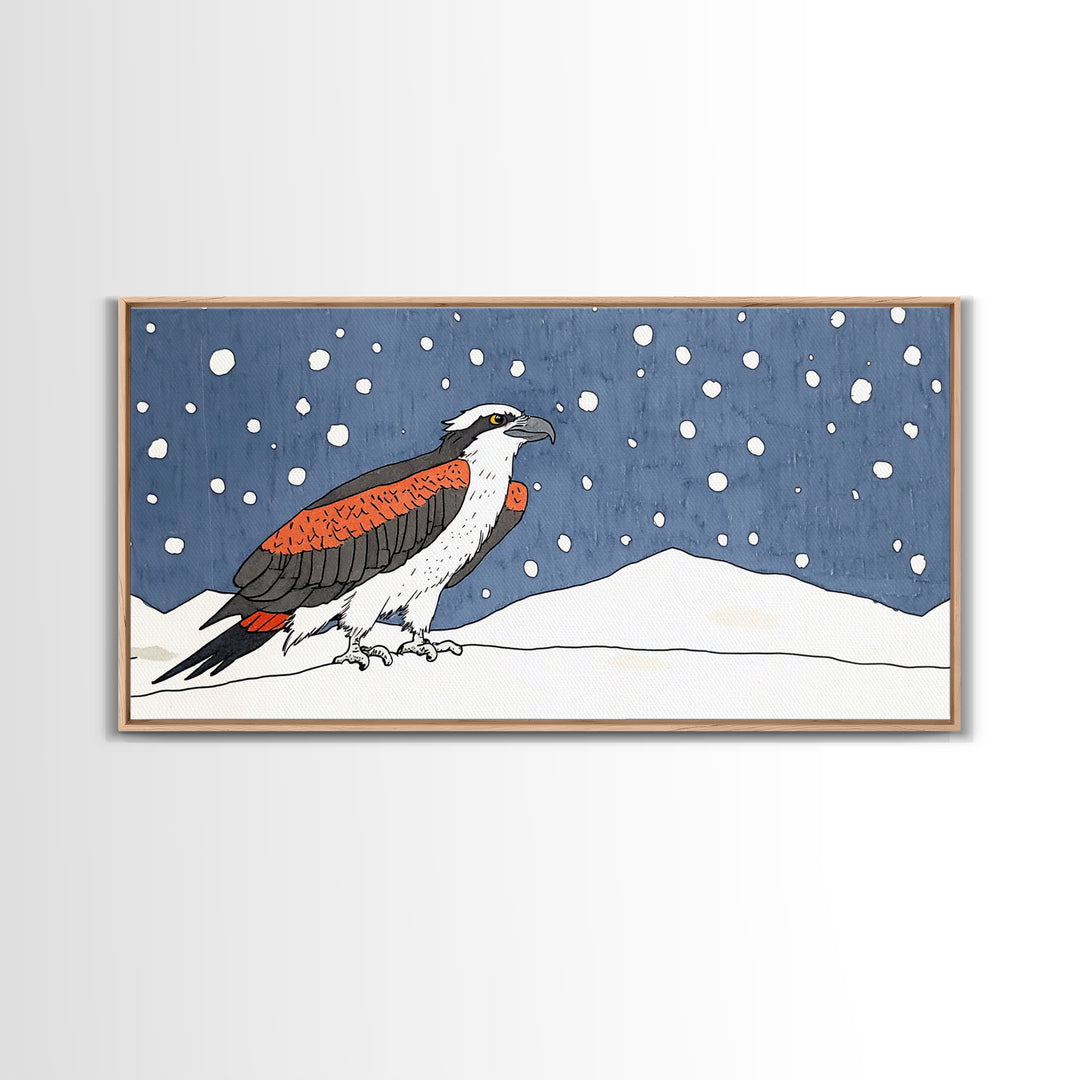 Snowy Osprey Hawk In Winter Landscape Wall Art, Bird Lover Gift, Rustic Wildlife Print, Cabin Decor Canvas Art, Nature Wall Decor