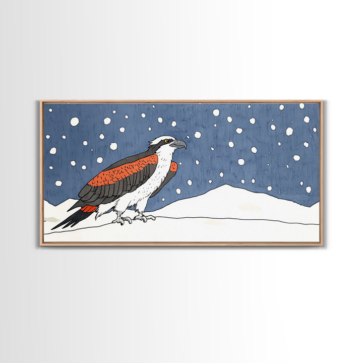 Snowy Osprey Hawk In Winter Landscape Wall Art, Bird Lover Gift, Rustic Wildlife Print, Cabin Decor Canvas Art, Nature Wall Decor