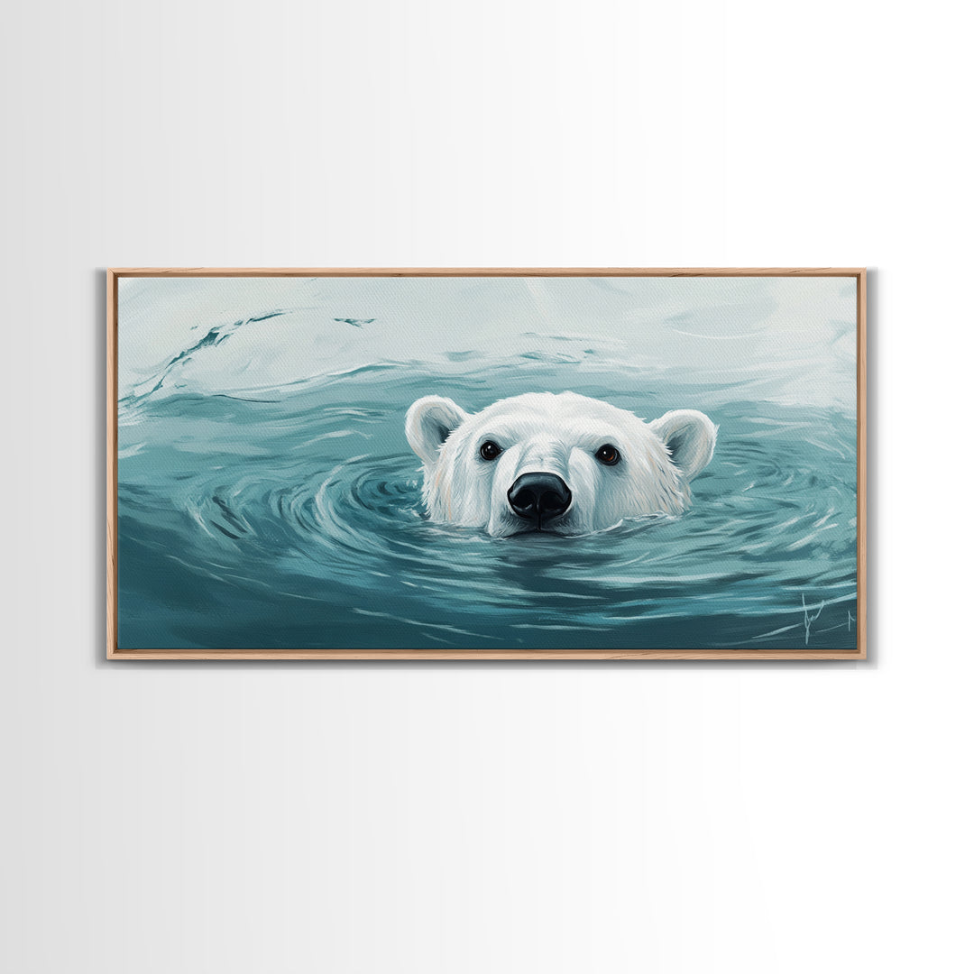 Swimming Polar Bear In Teal Water Wall Art, Arctic Wildlife Canvas Print, Ocean Animal Decor, Nursery Or Bathroom Art Print