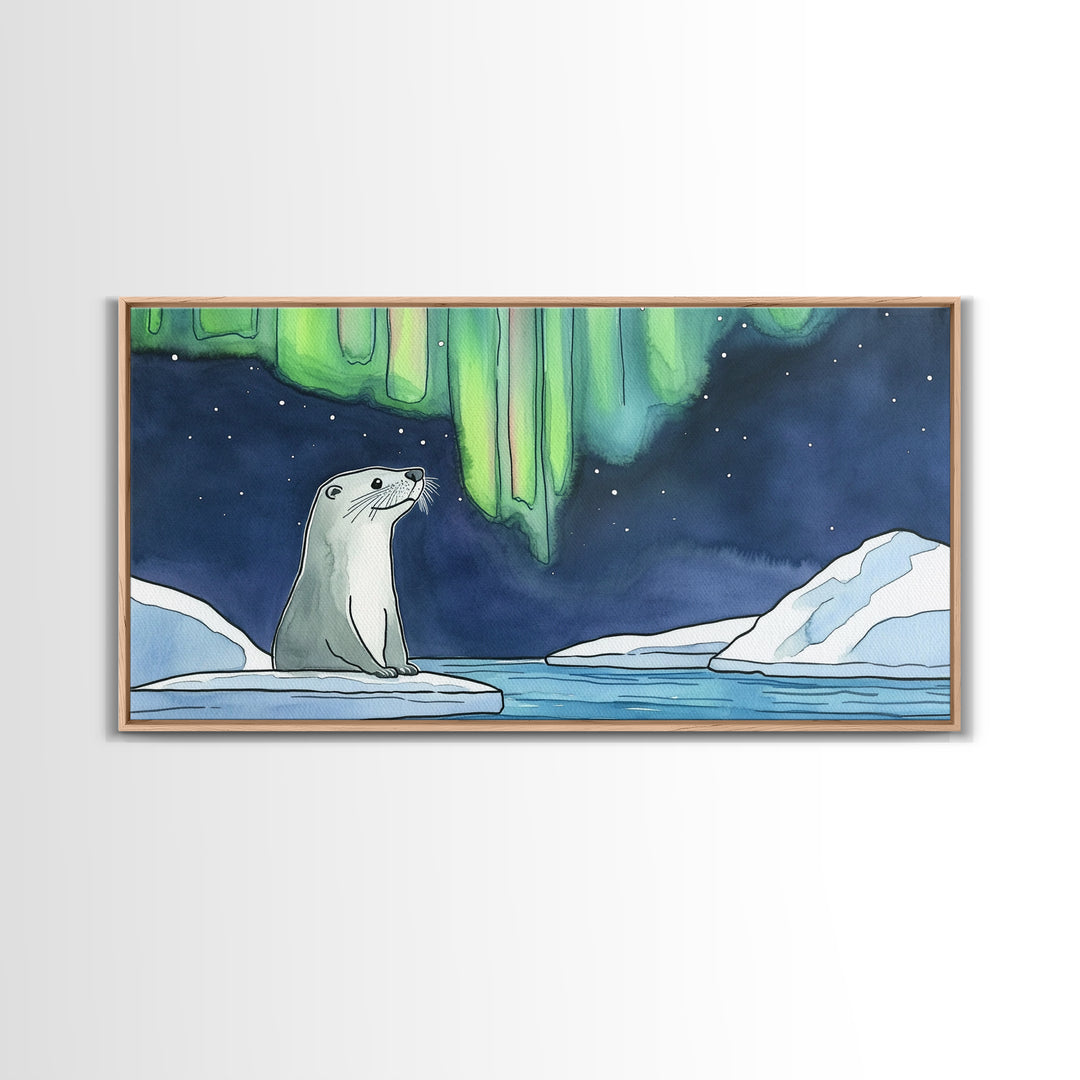 Arctic Seal Under Northern Lights Wall Art, Aurora Ocean Animal Print, Whimsical Nursery Decor, Coastal Canvas Print, Housewarming Gift