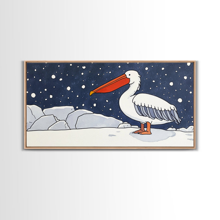 Snowy White Pelican On Ice Framed Canvas Print, Arctic Bird Wall Decor, Coastal Wall Art, Nursery Art, Gift For Her, Kids Room Decor