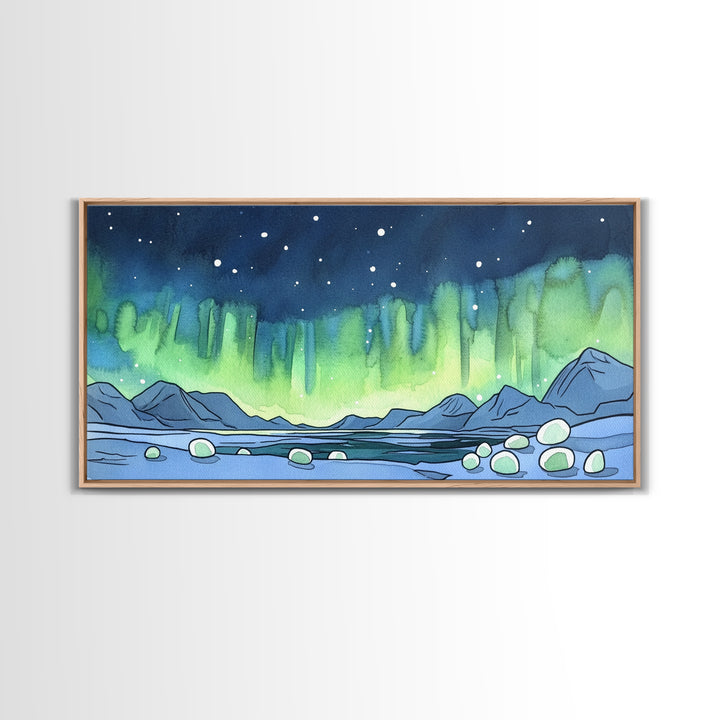 Northern Lights Over Arctic Mountains Wall Art, Aurora Landscape Print, Nature Wall Decor, Large Canvas Print, Office Decor