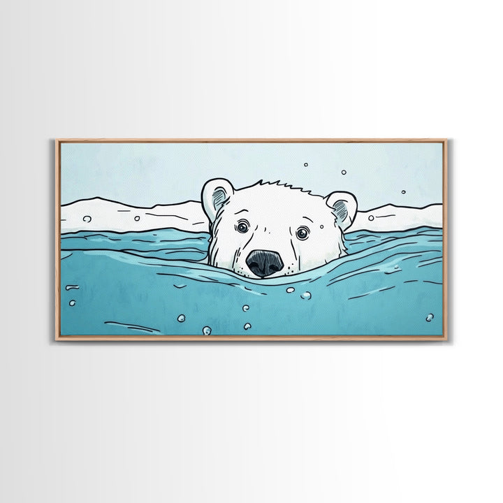 Polar Bear Swimming In Icy Water Wall Art, Arctic Animal Print, Nursery Wall Art, Kids Room Decor, Coastal Canvas Print Gift