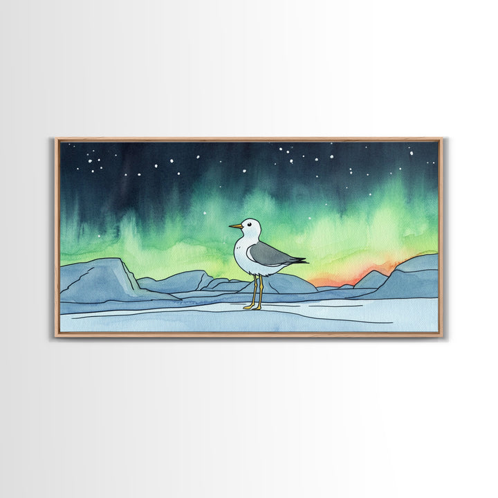 Arctic Seagull Under Aurora Sky Wall Art, Northern Lights Print, Coastal Bird Decor, Nature Wall Art, Framed Canvas Print