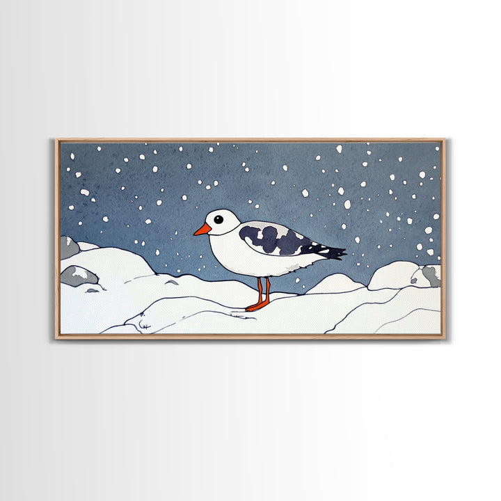 Snowy Arctic Shorebird In Winter Canvas Print, Bird Wall Art, Nursery Decor, Animal Wall Art, Minimalist Coastal Decor Gift