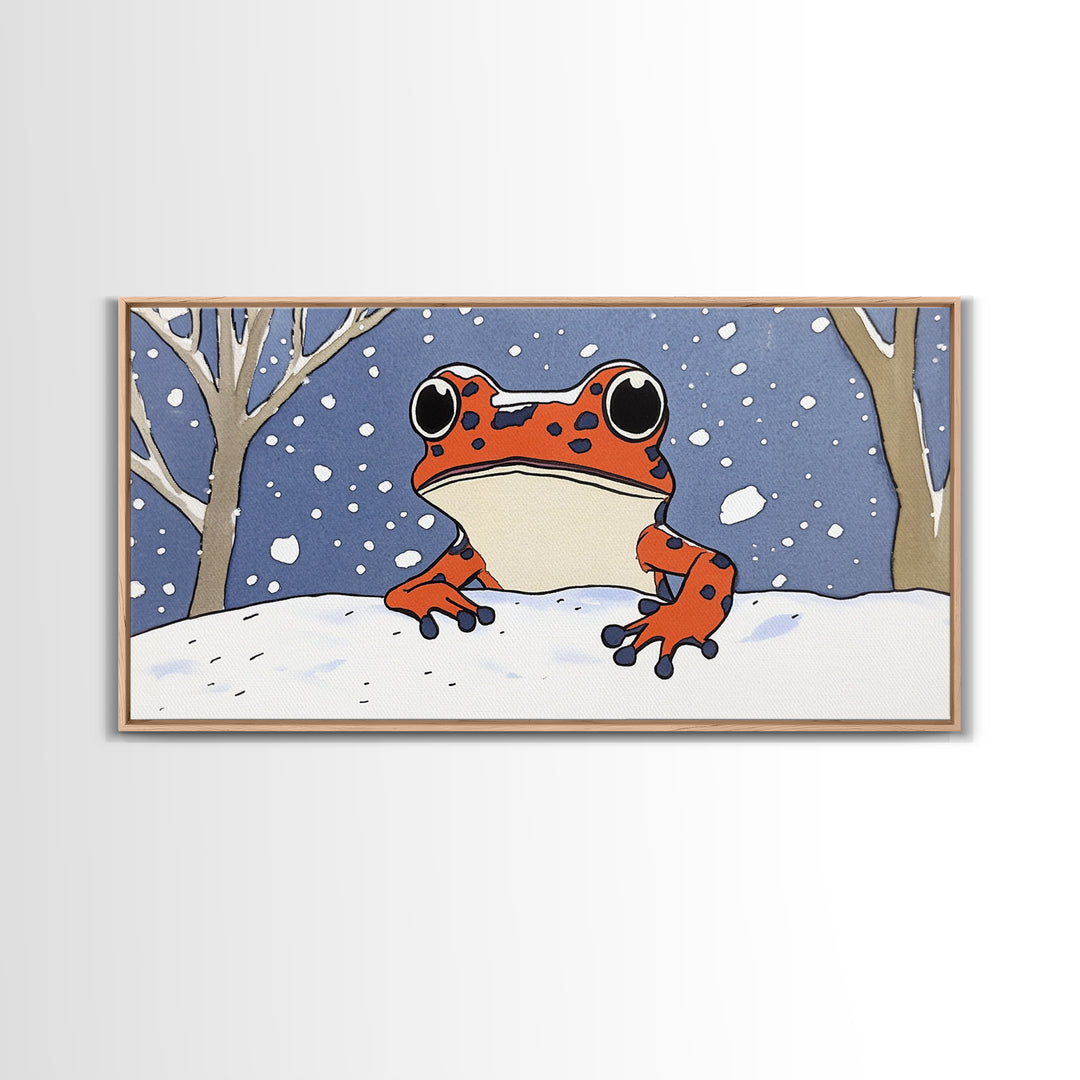 Orange Spotted Frog In Snowy Forest Wall Art, Whimsical Animal Print, Winter Nursery Decor, Cute Kids Room Canvas Art Housewarming Gift