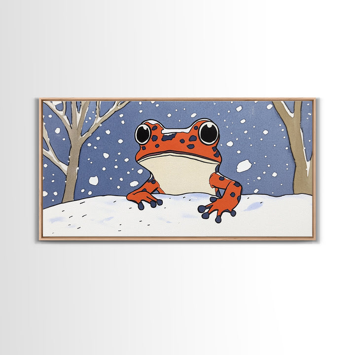Orange Spotted Frog In Snowy Forest Wall Art, Whimsical Animal Print, Winter Nursery Decor, Cute Kids Room Canvas Art Housewarming Gift