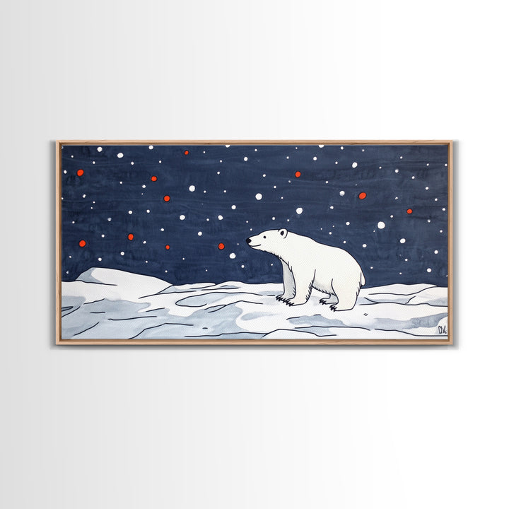 Minimal Polar Bear Snow Scene Wall Art, Arctic Wildlife Illustration, Kids Room Decor, Modern Nursery Canvas Print Gift Idea