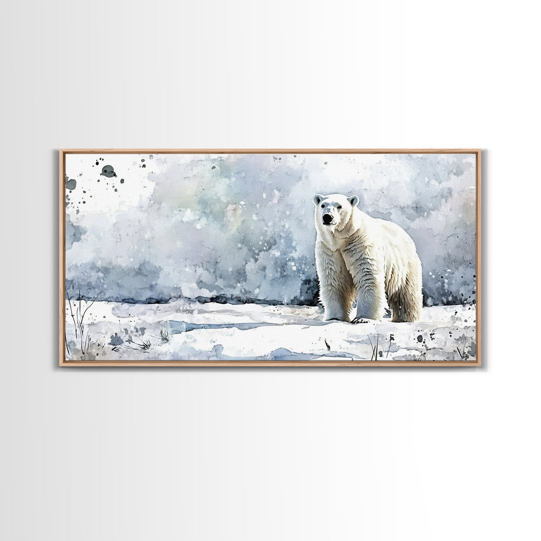 Standing Polar Bear In Snowy Tundra Wall Art, Watercolor Wildlife Print, Arctic Animal Decor, Large Canvas Housewarming Gift