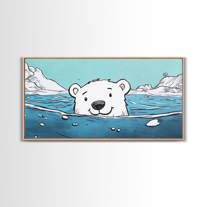 Smiling Polar Bear Swimming In Icy Sea Wall Art, Playful Arctic Animal Print, Ocean Nursery Decor, Kids Room Canvas Gift