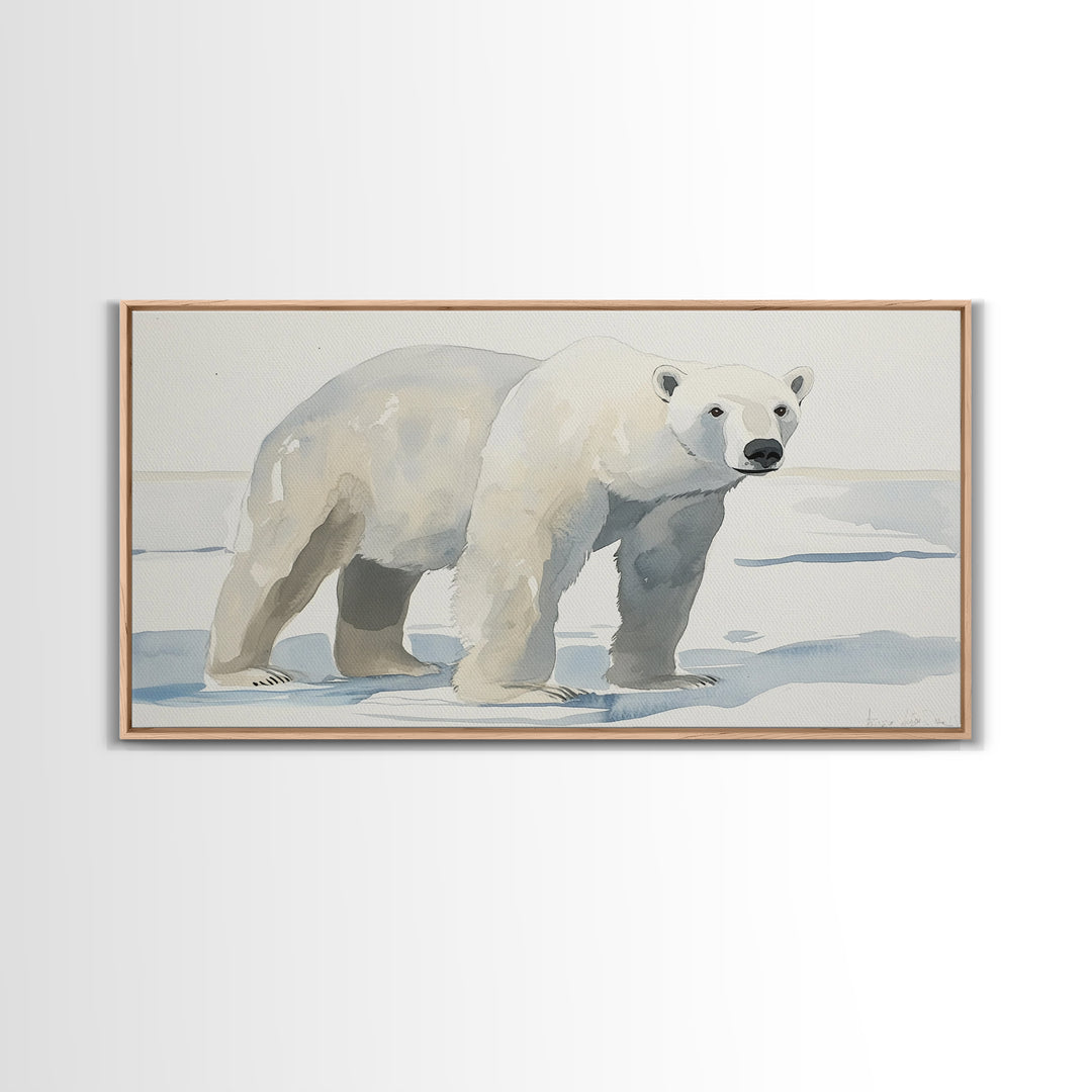 Polar Bear On Arctic Ice Wall Art, Watercolor Wildlife Canvas Print, Coastal Nursery Decor, Animal Lover Gift, Kids Room Art