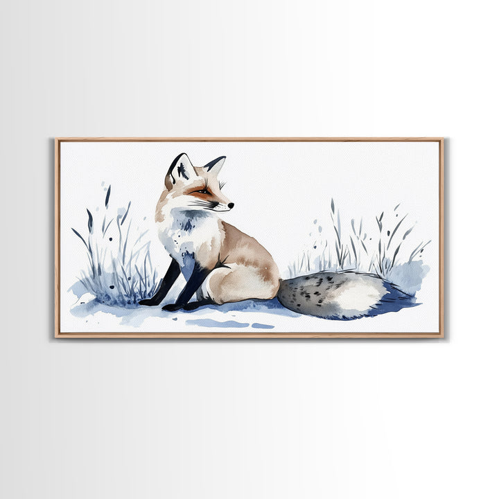 Sitting Fox In Frosted Grass Wall Art, Minimal Watercolor Wildlife Canvas Print, Neutral Nursery Decor, Animal Lover Gift