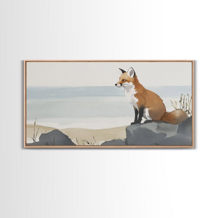 Coastal Fox On Ocean Rocks Wall Art, Minimal Watercolor Wildlife Canvas Print, Beach House Decor, Neutral Living Room Art