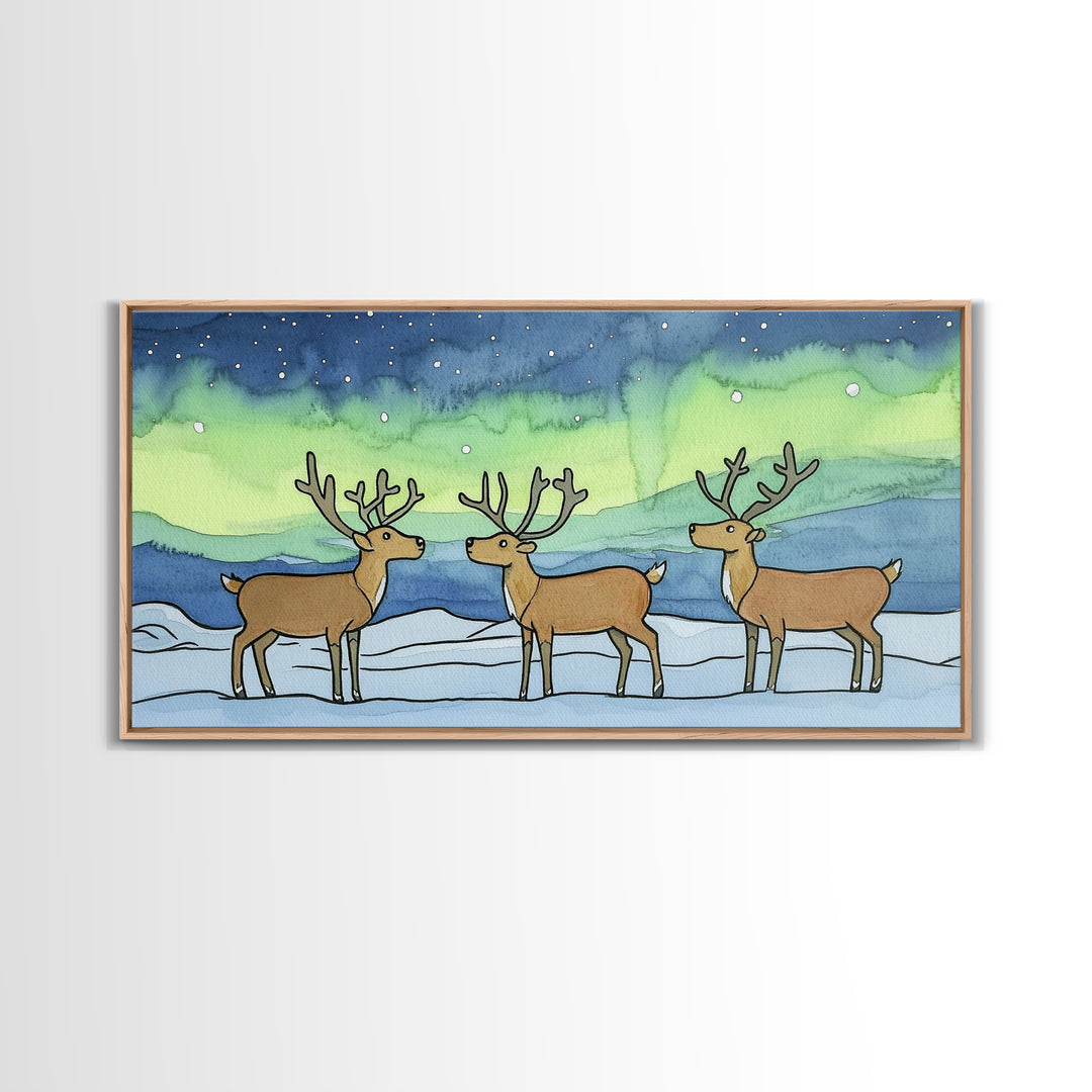 Three Reindeer Under Northern Lights Wall Art, Aurora Winter Landscape Print, Rustic Wildlife Decor, Cabin Christmas Gift